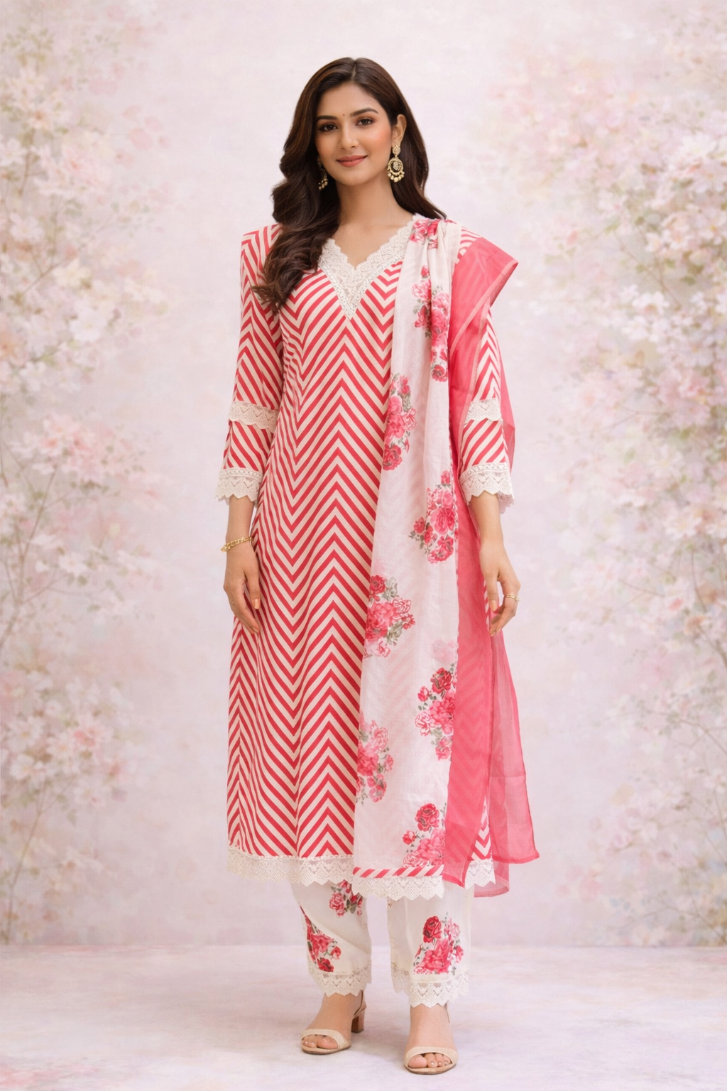 Coral Chevron Printed Kurta Set with Floral Pants & Dupatta